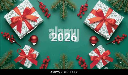 Happy New Year 2026. Gift boxes with red bows, ornaments, berries, and fir branches on green background. Festive flat lay. Stock Vector