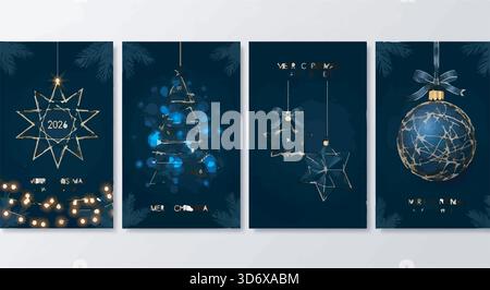 Elegant 2024 New Year & Christmas cards. Dark blue & gold design with star, tree, ornaments. Festive, modern holiday greeting card set. Stock Vector