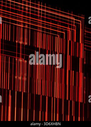 Abstract red neon light lines creating a futuristic glowing grid pattern against a dark background, representing digital technology, data, innovation, Stock Photo