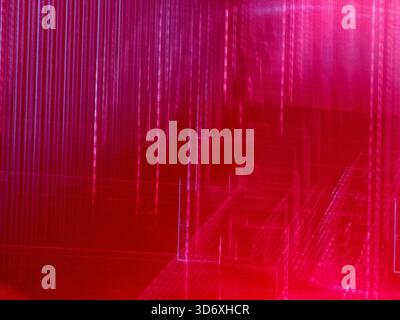 Digital glitch art creating a vibrant abstract background with glowing pink and red lines and geometric shapes, representing technology, data, and con Stock Photo