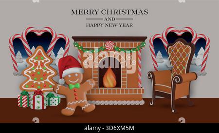 christmas banner with gingerbread man with santa claus hat in a living room with gingerbread fireplace and gingerbread armchair. Stock Vector