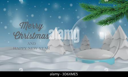 christmas banner with 3d snow globe and pine branches. christmas background with 3d christmas tree on snowy landscape Stock Vector