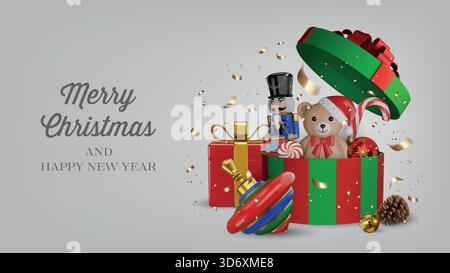 christmas banner with 3d toys, sweets and decorations in a gift box. christmas background with 3d gift boxws and confetti Stock Vector