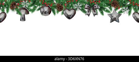 seamless christmas borders with pine branches, decorations and gingerbreads . christmas seamless garlands with ornaments Stock Vector