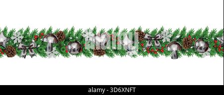 seamless christmas borders with pine branches, decorations and gingerbreads . christmas seamless garlands with ornaments Stock Vector