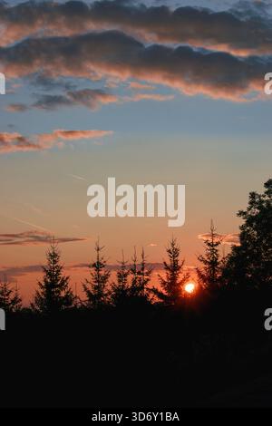 Beautiful sky with colorful clouds  and forest silhouettes within sunset. Evening landscape Stock Photo