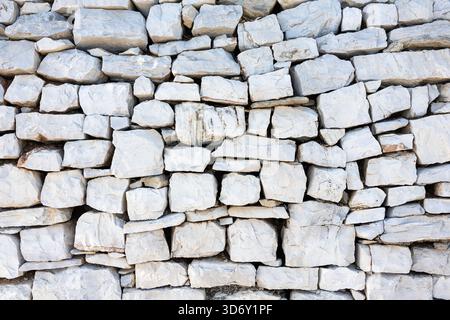 A weathered gray stone wall built from irregular rocks, showing layered masonry and hints of dry grass in the foreground. Ideal for rustic architectur Stock Photo