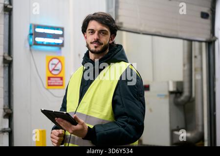 Warehouse worker inspecting cold chain inventory management using tablet Stock Photo