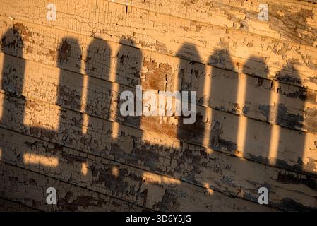 Shadow of a fence on the wall of an old house is Anatone, Washington, USA. Stock Photo