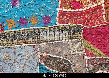 Detail old colorful patchwork carpet. Close up Stock Photo