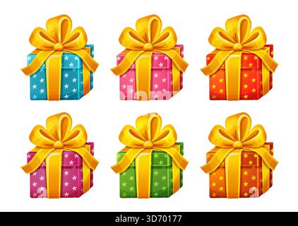 Holiday present gift boxes, Christmas surprise cardboard package decoration ribbon bow color set. Prize, birthday festive wrapped packaging. Vector Stock Vector