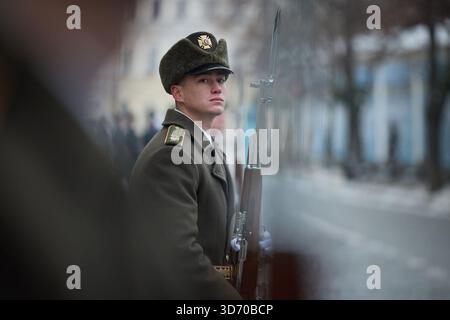 On the Day of the Armed Forces of Ukraine, President Volodymyr Zelenskyy honored the memory of Ukrainian defenders who gave their lives for the Homeland.     The Head of State laid flowers at the Wall of Remembrance of the fallen defenders of Ukraine near St. Michael's Golden-Domed Cathedral in Kyiv.     The honor guard warriors laid a wreath of flowers from the Ukrainian people at the Wall of Remembrance.  The memory of the fallen defenders of Ukraine was honored with a moment of silence. Stock Photo