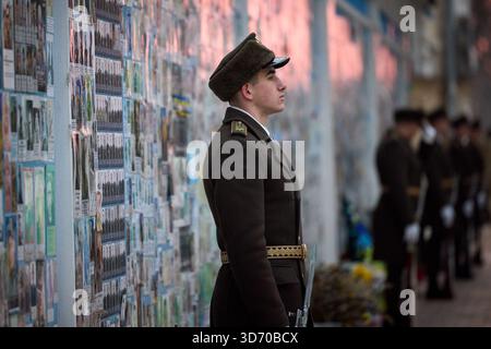 On the Day of the Armed Forces of Ukraine, President Volodymyr Zelenskyy honored the memory of Ukrainian defenders who gave their lives for the Homeland.     The Head of State laid flowers at the Wall of Remembrance of the fallen defenders of Ukraine near St. Michael's Golden-Domed Cathedral in Kyiv.     The honor guard warriors laid a wreath of flowers from the Ukrainian people at the Wall of Remembrance.  The memory of the fallen defenders of Ukraine was honored with a moment of silence. Stock Photo