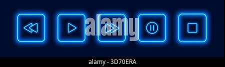 Neon media player buttons. Blue glowing audio control icons. Stock Vector