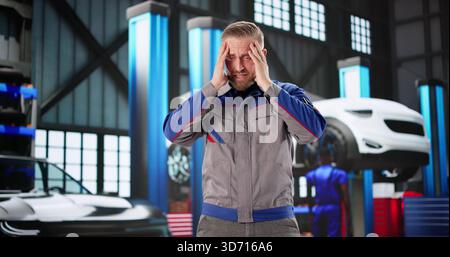 Stressed Mechanic Repairs Broken Car In Detailing Garage, Unhappy With Service. Stock Photo