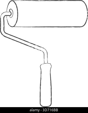 A clean line drawing of a paint roller with handle and foam sleeve angled for painting Stock Vector