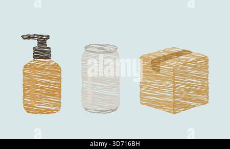 A small set of bathroom containers including a pump bottle a jar and a box rendered in soft colors Stock Vector