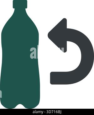 A dark green plastic bottle beside a bold circular arrow symbolizing reuse and return Stock Vector