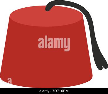 A cylindrical red fez hat depicted from above with a long black tassel draped over the side Stock Vector