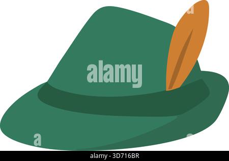 A green felt fedora hat illustrated in three quarter view with a tan band and a brown feather tucked on the side Stock Vector