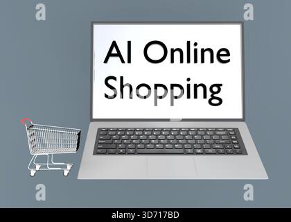 3D illustration of a supermarket cart beside a laptop titled as "AI Online Shopping". Stock Photo