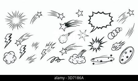 Comic elements set: stars, comets, lightning, speech bubble. Hand-drawn vector doodles for manga, comics, superhero designs. Black and white. Stock Vector
