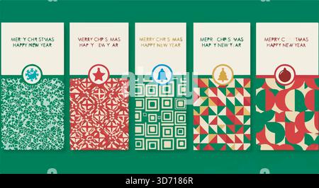 Colorful Christmas and New Year card set with geometric patterns on green background. Holiday season greeting vector design. Stock Vector