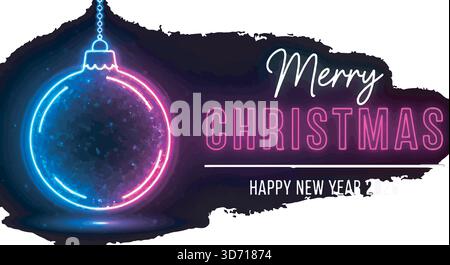 Neon Christmas and Happy New Year design with ornament. Festive greeting card, banner, or poster template. Holiday illustration. Stock Vector