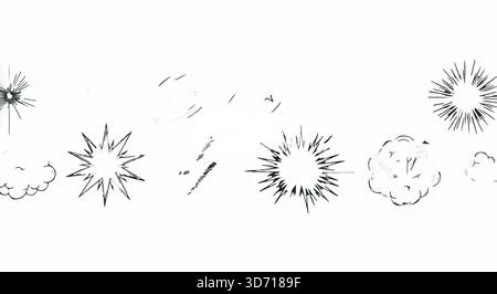 Hand-drawn cartoon explosion effects. Comic burst cloud, speed lines, starbursts. Black and white. Animation elements. Stock Vector