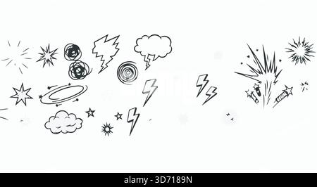Hand-drawn doodle set featuring weather elements, stars, and explosions. Black line art on white. Vector graphics. Stock Vector