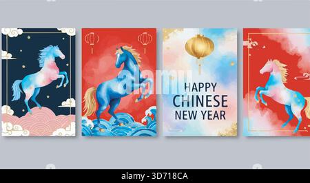 Chinese New Year cards, Year of the Horse. Watercolor horses, lantern, and cloud designs for festive greetings. Cultural celebration. Stock Vector