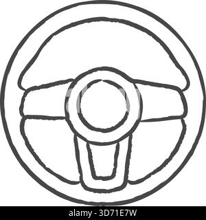 A clean line illustration of a vehicle steering wheel shown from the driver view with central hub and rim details Stock Vector