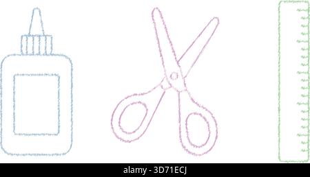 An arrangement of a glue bottle scissors and a ruler shown as tidy line drawings Stock Vector