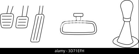 Simple line icons showing accelerator brake and clutch pedals plus interior controls arranged in a horizontal strip Stock Vector