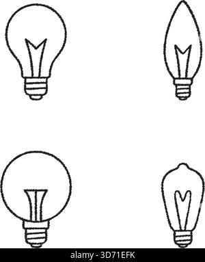 A collection of different bulb shapes drawn in thin lines including classic and modern lamp forms Stock Vector