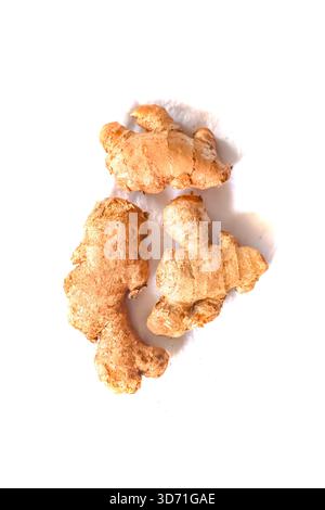 Fresh ginger root isolated on white background. Raw ginger, Zingiber officinale. Stock Photo