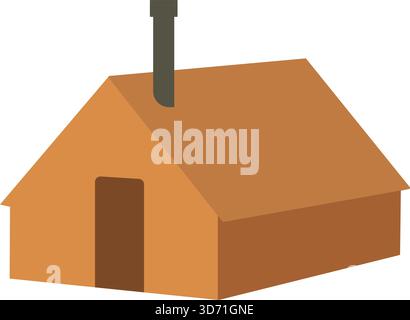 A compact wooden cabin with pitched roof and smoking chimney drawn in earthy tones Stock Vector