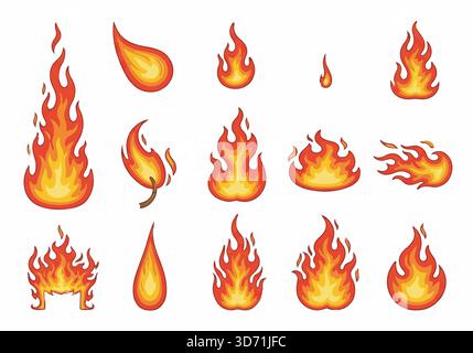 Cartoon fire set. Collection of flame illustrations. Vector burning bonfire elements. Stock Vector
