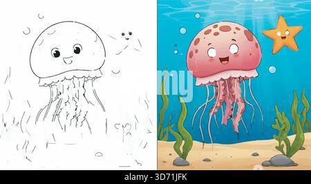 Cute cartoon jellyfish and starfish in the ocean. Underwater marine life illustration. Half colored, half line art. Stock Vector