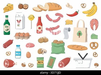 Grocery food set. Illustration of bread, fruits, vegetables, and other food items for a shopping list or menu. Stock Vector