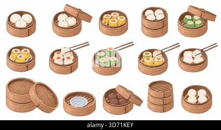 Dim sum illustration. Set of steamed buns and dumplings in bamboo steamers. Asian cuisine. Isolated vector elements. Stock Vector