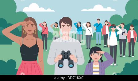Group of people looking into the distance, some using binoculars. Vector illustration. Stock Vector