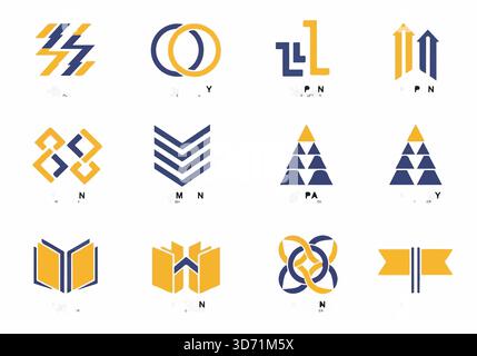 Abstract logo set. Collection of 12 vector icons in yellow and blue. Modern design elements for branding. Isolated on white. Stock Vector