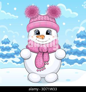 Cute cartoon Girl Snowman with pink hat and scarf in winter. Christmasn Vector Illustration in nature on a blue background with snow. Stock Vector