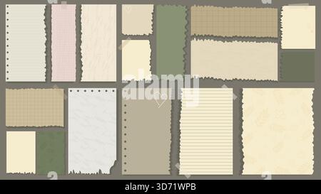 Aesthetic Torn Paper Notes Set Ripped Pages Tape Background. Stock Vector