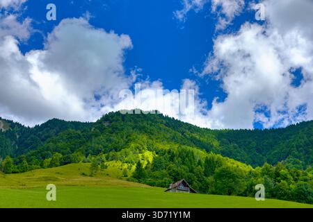 Mountain House on Green Alpine Hillside with Dramatic Cloud Formation, Località Pani, South Tyrol, Italy Stock Photo