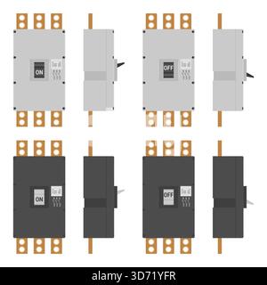 Industrial circuit breaker set isolated on white. Front and side views in ON and OFF positions Stock Vector