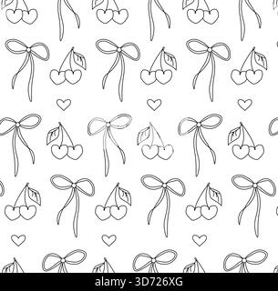 Cherry fruit, ribbon, heart Valentine's Day seamless pattern. Vector graphic line black and white illustration. Textile, fabric, texture design for pa Stock Vector