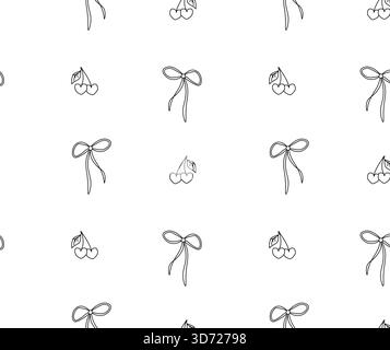Cherry fruit with ribbon Valentine's Day seamless pattern. Vector graphic line black and white illustration. Textile, fabric, texture design Design fo Stock Vector