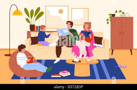 Parents and children enjoy reading books together in a warm home setting, sharing stories and quality time on the sofa and floor, vector illustration Stock Vector